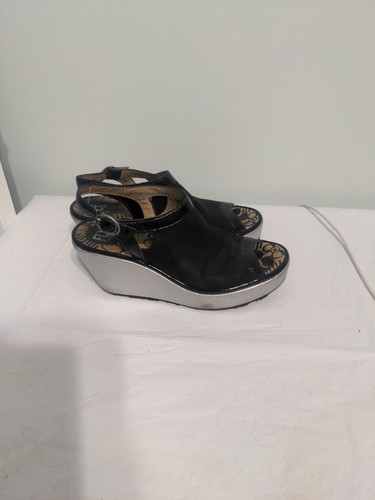 Fly London Yile Wedges Peep Toe Sandal Leather Black Silver Sole 6.5 - Picture 4 of 11