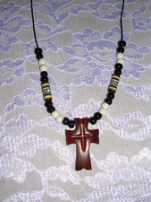 WOOD CROSS PENDANT w RASTA BEADED ACCENTS ADJ NECKLACE