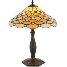 Image of Tiffany Glass Table Lamp Light Dark Bronze & Rich Cream Geometric Shade i00226