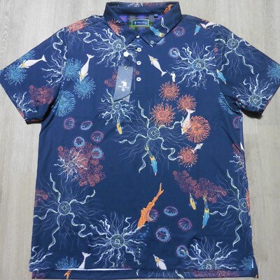 WILLIAM MURRAY Mens XL X-LARGE POLO SHIRT ELECTRIC SEA OCEAN FISH navy blue