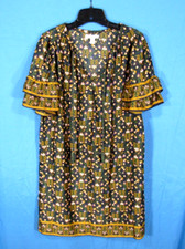 CHELSEA & VIOLET Navy Blue Gold FLORAL Satin V-NECK Flutter Sleeve SHIFT DRESS S