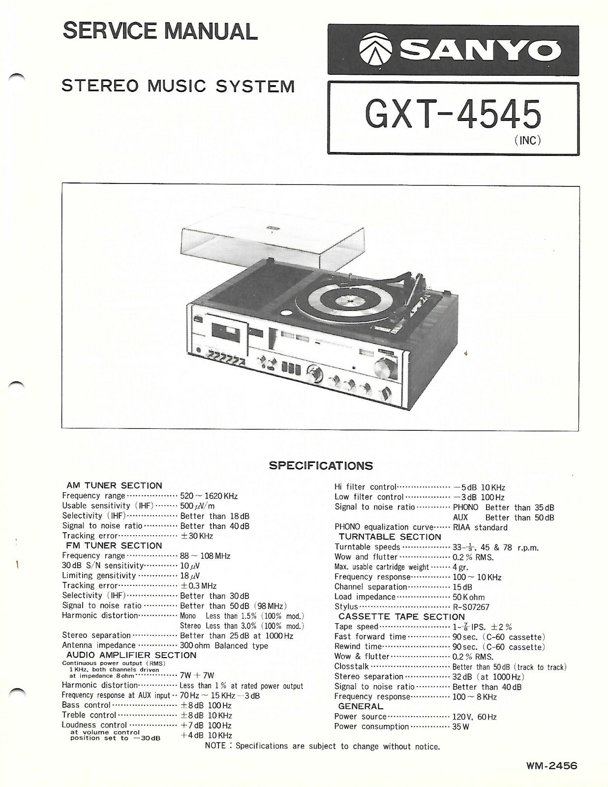 SANYO GXT4545 STEREO MUSIC SYSTEM FACTORY REPAIR SERVICE MANUAL ENGLISH
