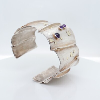 Modernist Silber, Gold & Amethyst Armreif Armband Enid Kaplan zugeschrieben