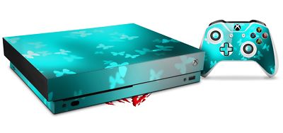 Skin for XBOX One X Console Controller Bokeh Butterflies Neon Teal Decal