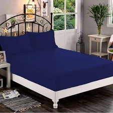 Extra Deep Fitted Sheet+2 Pillow Case 1000 TC Egyptian Cotton Navy Blue Solid