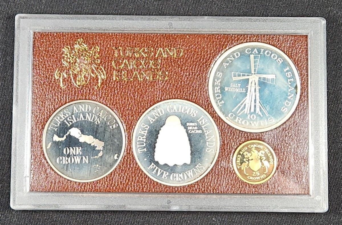 1976 Turks & Caicos 4 Coin Proof Set Silver 5, 10 Crown Gold 25