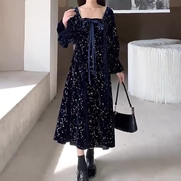 Ladies Velvet Dress Shiny Star Velour Long Puff Sleeve Long