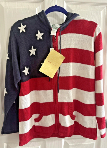Quaker Factory American Flag, Stars & Stripes Hooded Cardigan Sweater, M/L