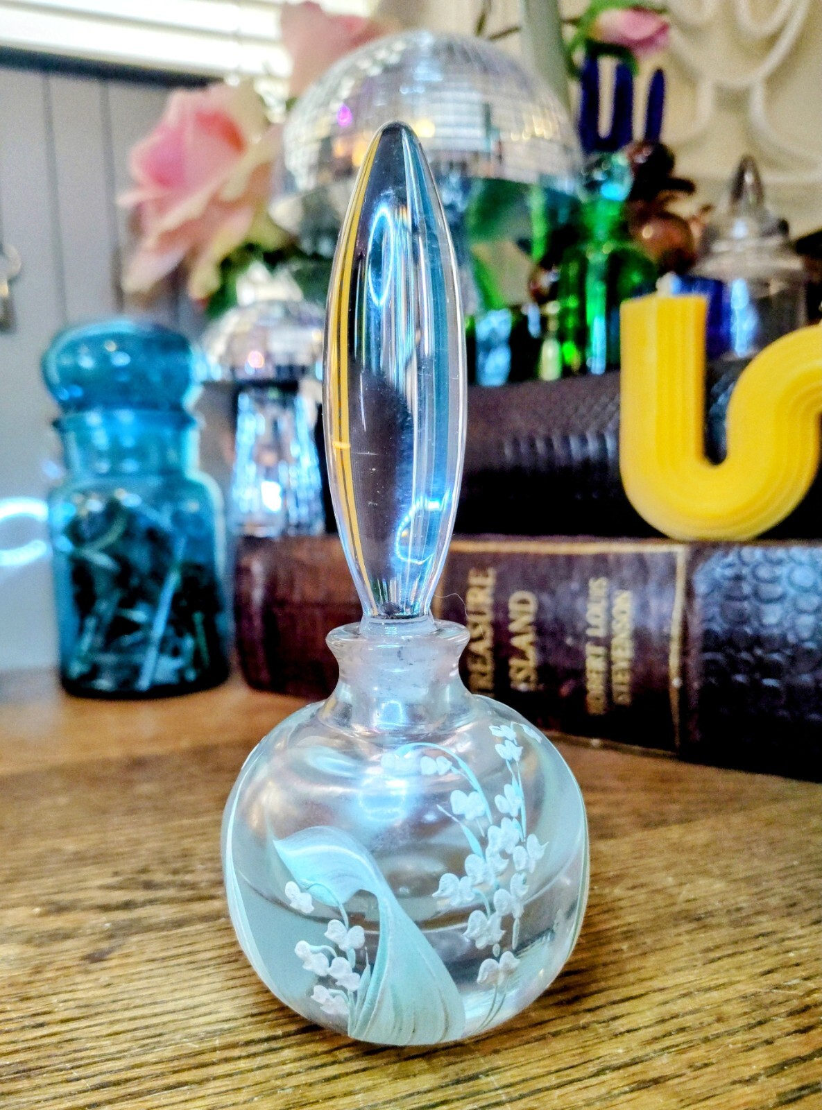 Vintage 1940's Hand Painted Enamel Crystal Glass Perfume Bottle