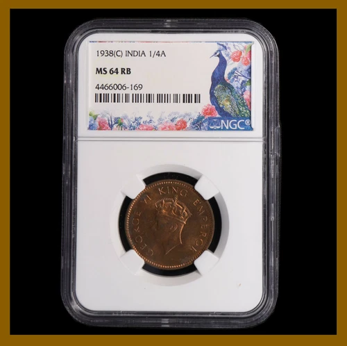 British India 1/4 (Quarter) Anna, 1938 (C) Calcutta NGC MS 64 RB King George VI