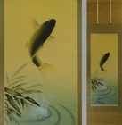 IK749 Japanese Koi Carp Hanging Scroll Painting Success Luck Wall Decor Japan