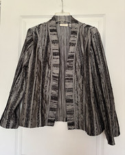 Chico s Earlene Lacey Sz 2 Large Silver Crinkle L/S Open Front Blazer Jacket EUC