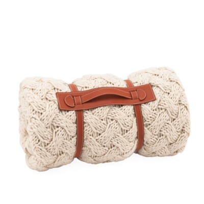 Nordic Yarn 50x60 Throw with Faux Leather Carrier - Cream