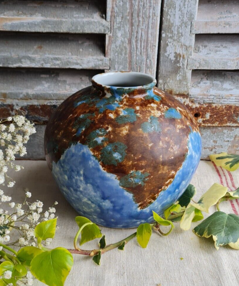 Grand Vase Boule En Grès Bleu – H&H – Déco Intérieure – Hauteur 56 Cm
