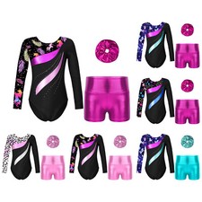 Kids Girls Dance Gymnastics Leotard Long Sleeve with Shorts Hair Scrunchies Set