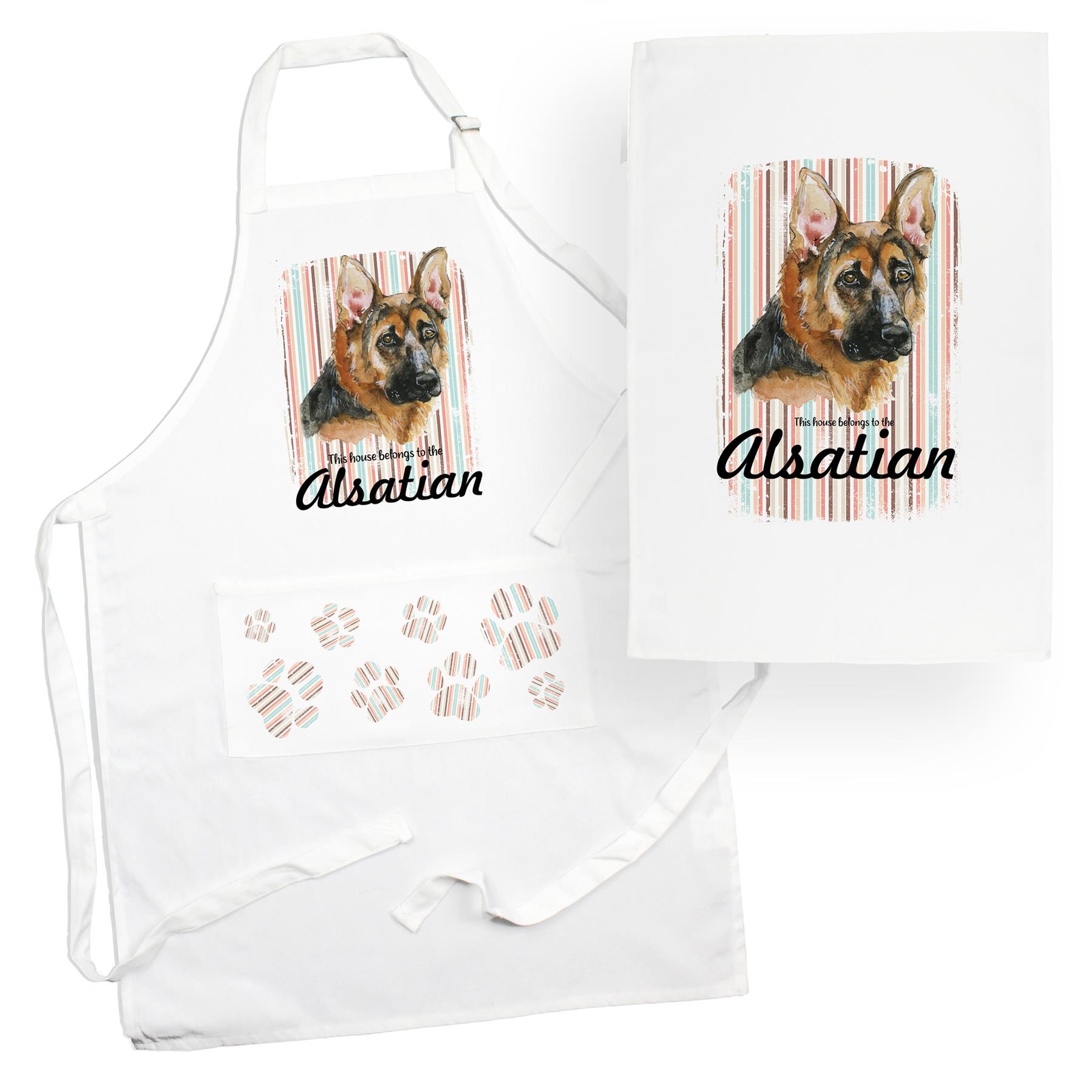 Alsatian Tea Towel & Apron Set - Dogs & Paw Prints Kitchen Linens Gifts