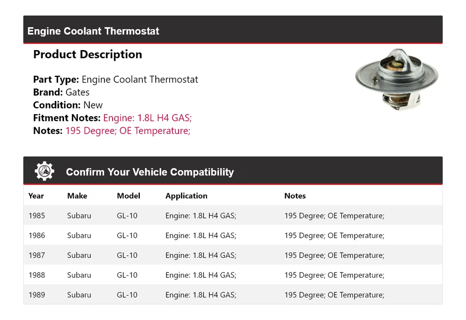 For 1985-1989 Subaru GL-10 1.8L H4 GAS Engine Coolant Thermostat Gates 1986 1987 - Image 2 of 4