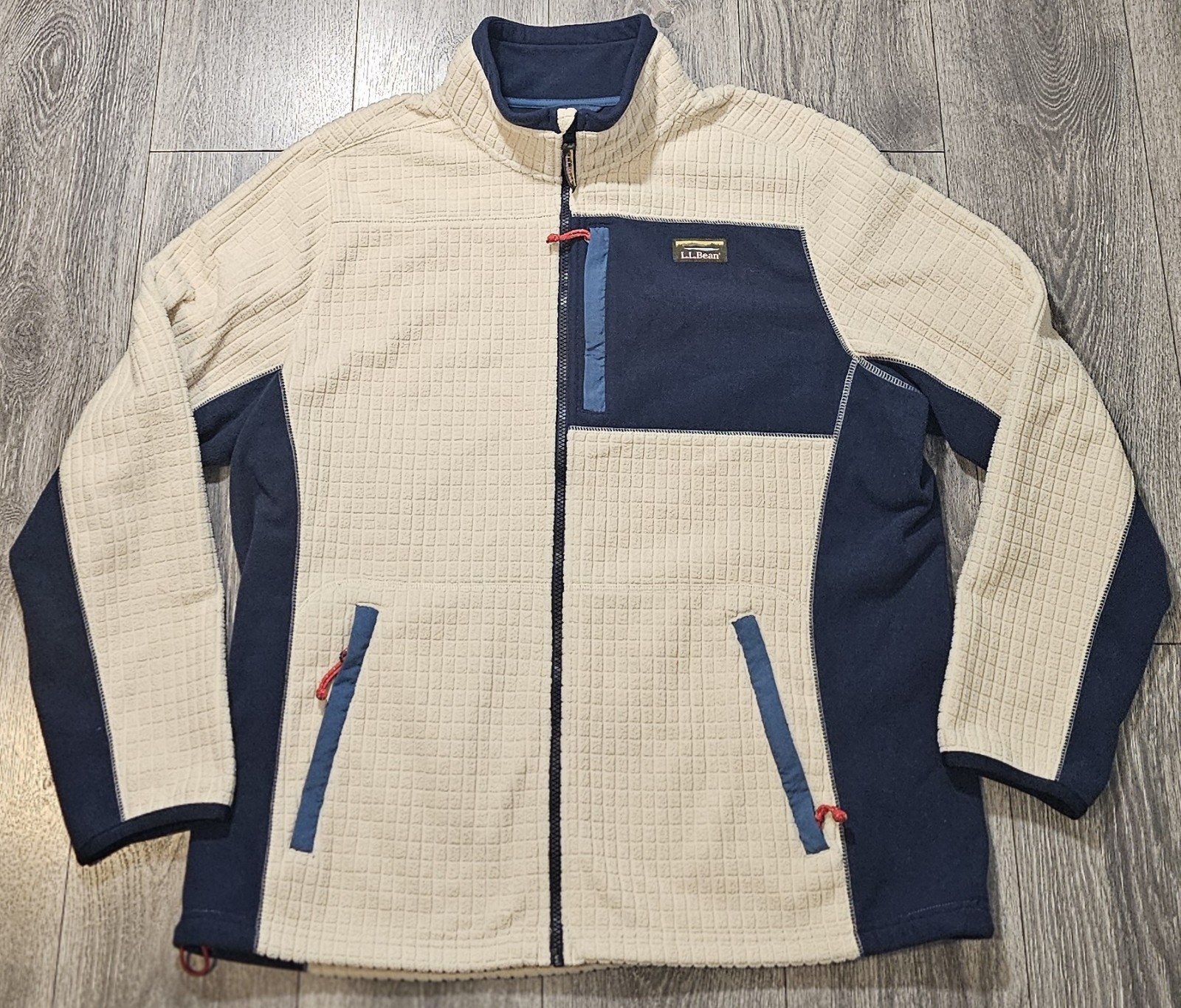 LL Bean Mountain Classic Windproof Fleece Jacket Waffle Grid Cream Blue Mens 2XL