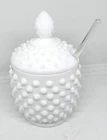 Vintage White Milk Glass 5" Hobnail 2-Pc W/ Glass Spoon Condiment Serving Dish