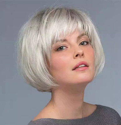 Short Bob Cut Roooted Silvery Synthetic Hair Wigs Soft Natural Daily Use