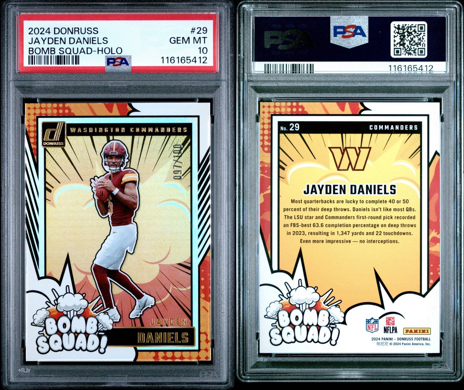 2024 Donruss Jayden Daniels Bomb Squad Holo /100 #29 PSA 10 Rookie RC Rare Pop 7 view 3
