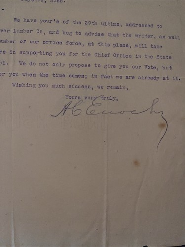 1906 Mississippi Political Letter Pearl River Lumber Co