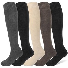 5 Pairs Winter Knee High Socks Warm Tall One Size Black Dark Grey Coffee Khaki
