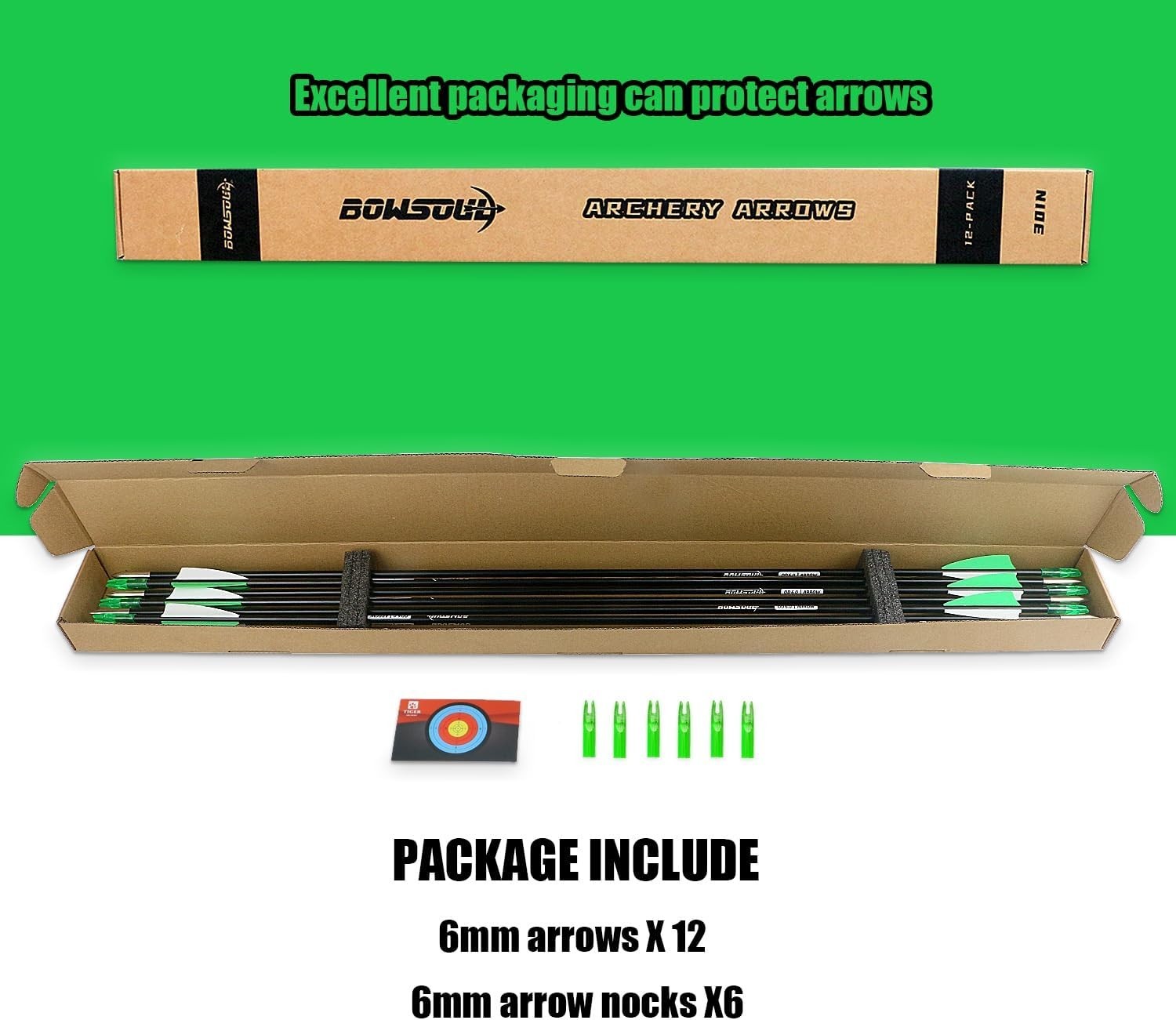 Pack of 12 Bowsoul Carbon Archery Practice Target Arrows Recurve Bows Green 31"