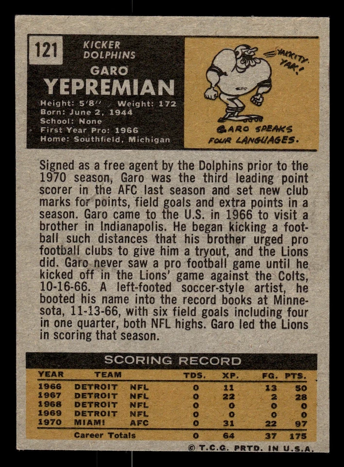 1971 Topps - Garo Yepremian #121 (RC) - Image 2 of 2