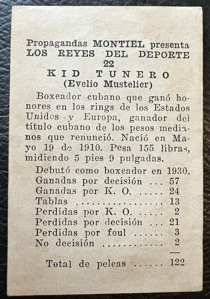 1946-47 Propaganda Montiel Kid Tunero Cuban Middleweight Boxing Card #22 - Image 2 of 2