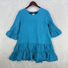 Match Point Shirt Womens Large Blue Ruffle Tiered Tunic 3/4 Bell Sleeve Boho