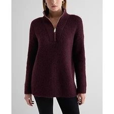NWT Express Fuzzy Knit Quarter Zip Tunic Pullover Burgundy Sweater