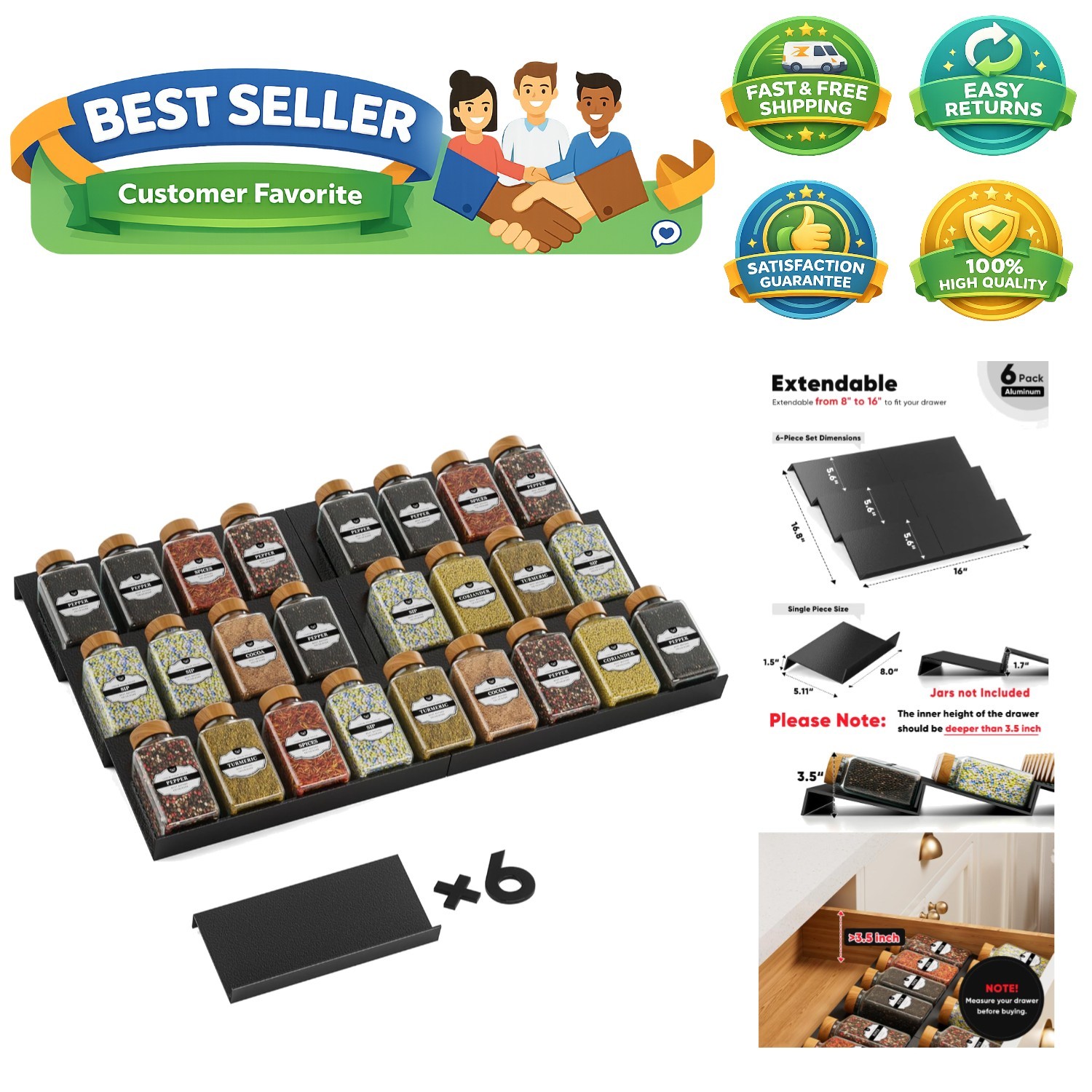 Aluminum Spice Rack Organizer - 6-Piece Expandable Tray for Neat Kitchen Storage