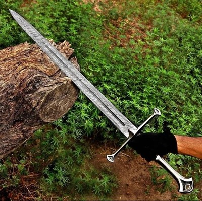 Hand-Forged Medieval Longsword, Damascus Steel Knight Sword with Leather Sheath.