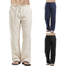 Mens Summer Cotton Linen Pants Yoga Drawstring Elasticated Trousers Bottoms