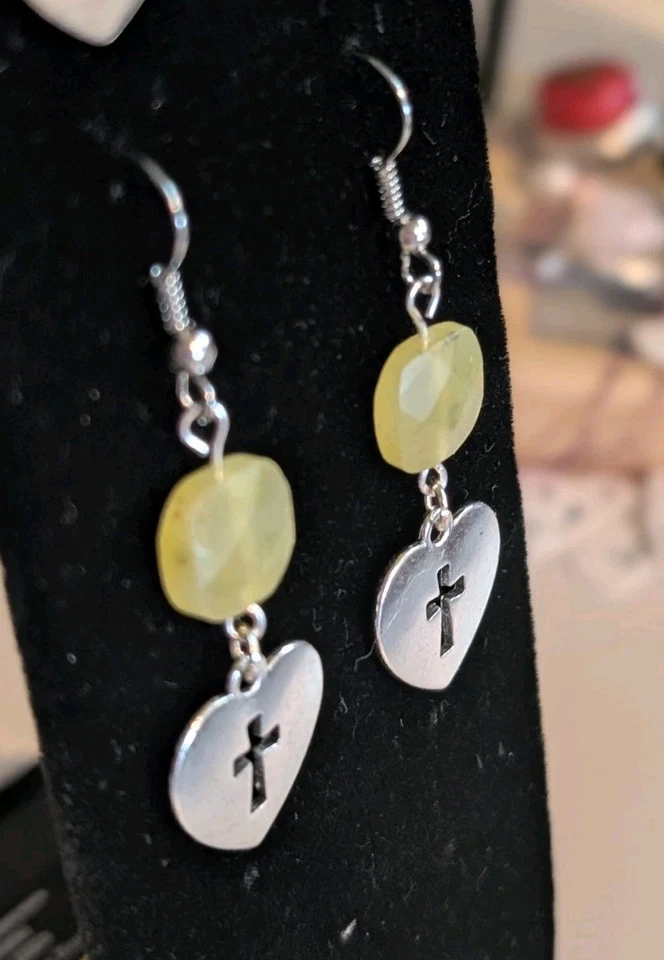 Handmade Square Natural Green Jade Gemstone Earrings With Heart/Cross Charm - Image 3 of 3
