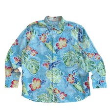 Tommy Bahama Mens XL Blue Tropical Floral Linen Long Sleeve Button Down Shirt