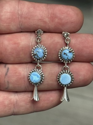 STERLING SILVER GOLDEN HILLS TURQUOISE SQUASH CONCHO DOUBLE DANGLE EARRINGS .925