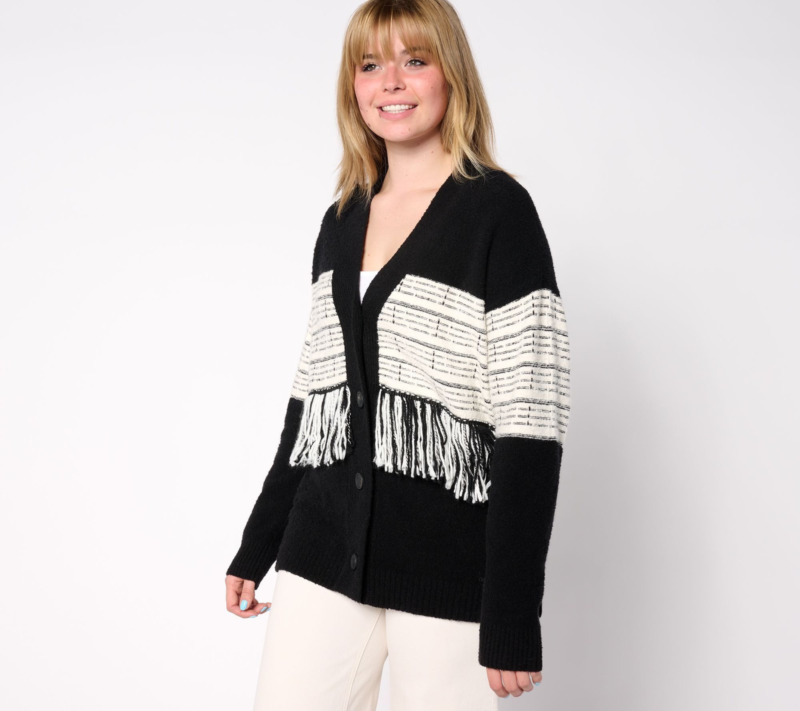 Peace Love World Women's Top Sweater Sz XL Label Textured Fringe Black A628271