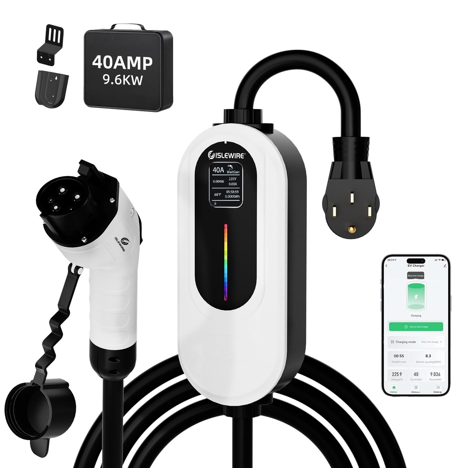 Level 2 EV Charger 40A 240V, 9.6kW Fast Charging with WiFi & APP Control, Plug-a