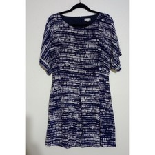 Garnet Hill Navy Blue White Silk Abstract Dash Print Shift Dress Womens Medium