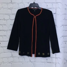 Ming Wang Knit Cardigan Small Black Geometric Grommet Trim Jacket
