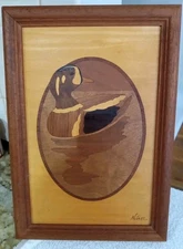 Vtg Wood marquetry wall art Mallard Duck 7"x 10" Jeff Nelson Hudson River Inlay 