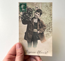 Antique French greetings postcard, 1913 new year child wishes, boy picture RPPC