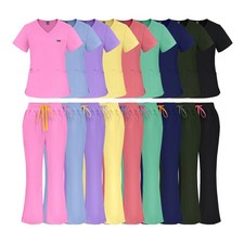 Women Medical Nursing Scrub Uniform Set V-Neck Tops Flare Pants Multi-color