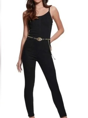 GUESS Bustier Structure Denim Jumpsuit One Piece Jeans G Belted Stretchy Blk XS