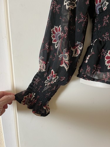 Patrons Of Peace Blouse Sz M Smocked Waist Cuffs Elastic Neckline Lined Cropped - Picture 5 of 11