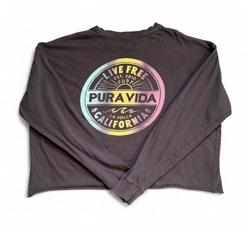  Pura Vida Women's Live Free Graphic Long Sleeve Crop Crewneck Tee Gray Size S 