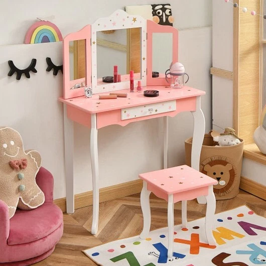 Juego de mesa de tocador y taburete Princess para niños con espejo triple plegable y cajón - rosa Foto 2 de 4