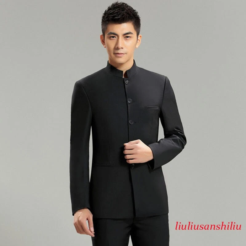 Mens Stand Collar Chinese Formal Dress Traditional Black Suit Tang Jackets Coat